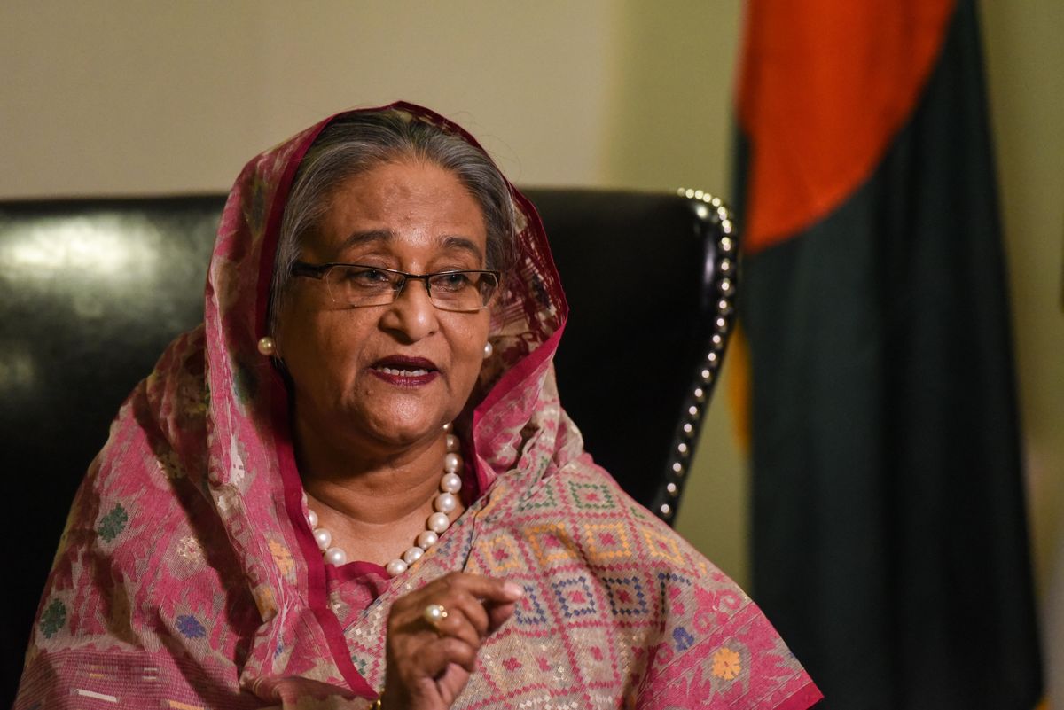 Bangladesh's PM Sheikh Hasina speaks with reporters during the 72nd UN General Assembly in New York.