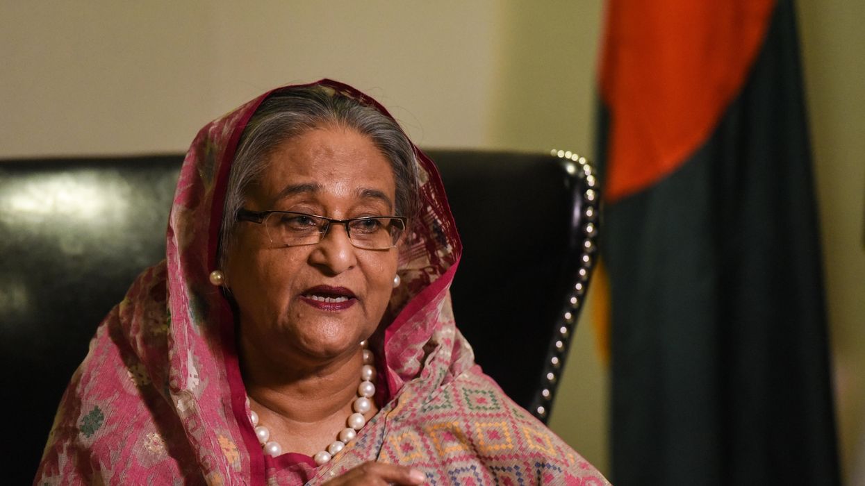 Bangladesh's PM Sheikh Hasina speaks with reporters during the 72nd UN General Assembly in New York.