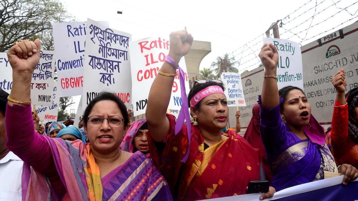 ​Bangladeshi women hold placards as they take part in a rally to mark International Women's Day in Dhaka, Bangladesh, on March 8, 2021. (Photo by Mamunur Rashid/NurPhoto)