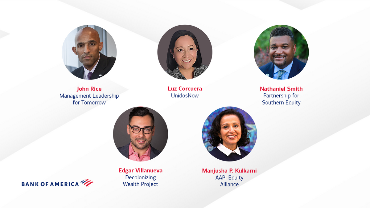 Bank of America Racial Equality Award recipients pictured: John Rice, Luz Corcuera, Nathaniel Smith, Edgar Villanueva, and Manjusha P. Kulkarni