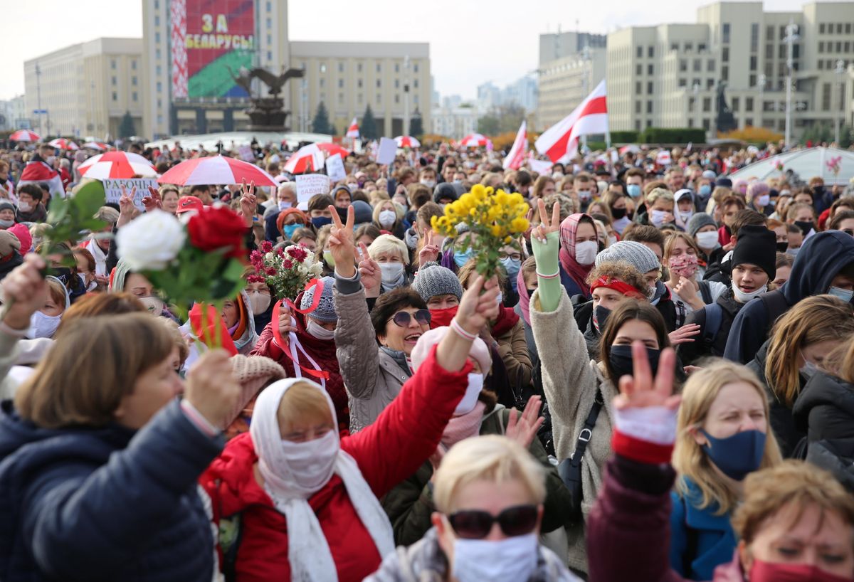 Belarusian opposition supporters hold a rally during a general strike in Minsk. Reuters