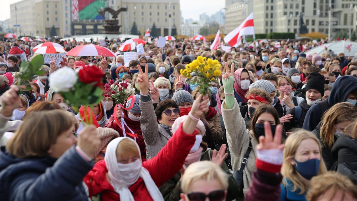 Belarusian opposition supporters hold a rally during a general strike in Minsk. Reuters