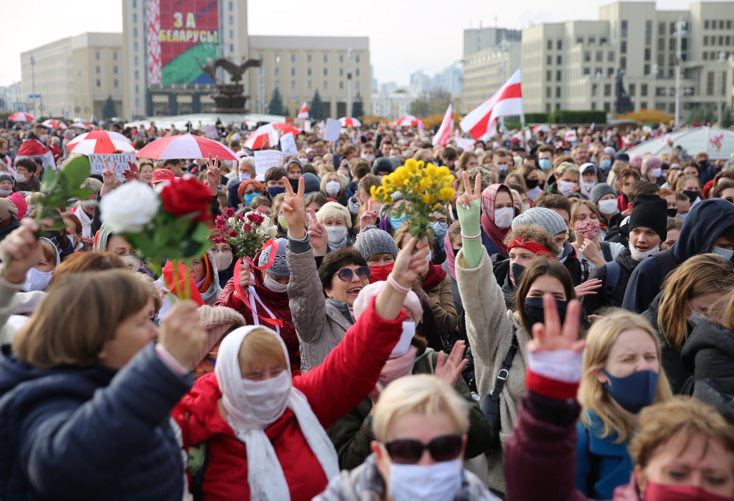 Belarusian opposition supporters hold a rally during a general strike in Minsk. Reuters