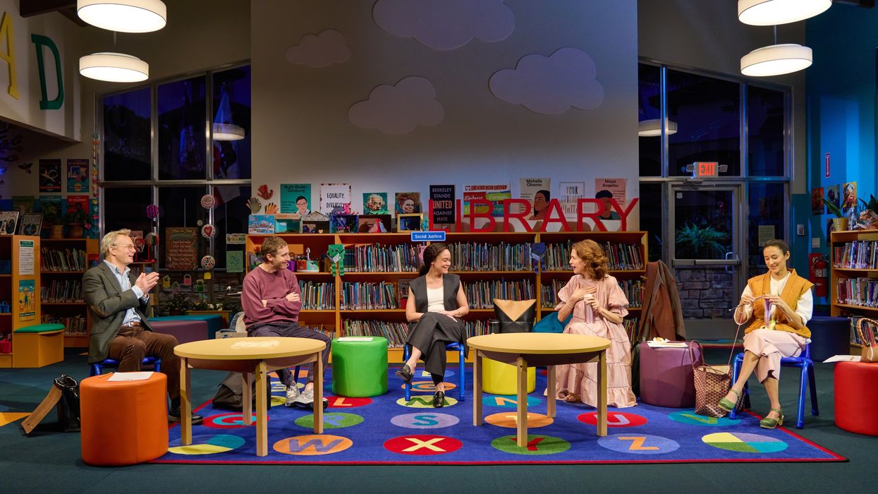 Bill Irwin, Thomas Middleditch, Amber Gray, Jessica Hecht, and Chelsea Yakura-Kurtz in Manhattan Theatre Club’s Broadway premiere of Eureka Day by Jonathan Spector, directed by Anna D. Shapiro.