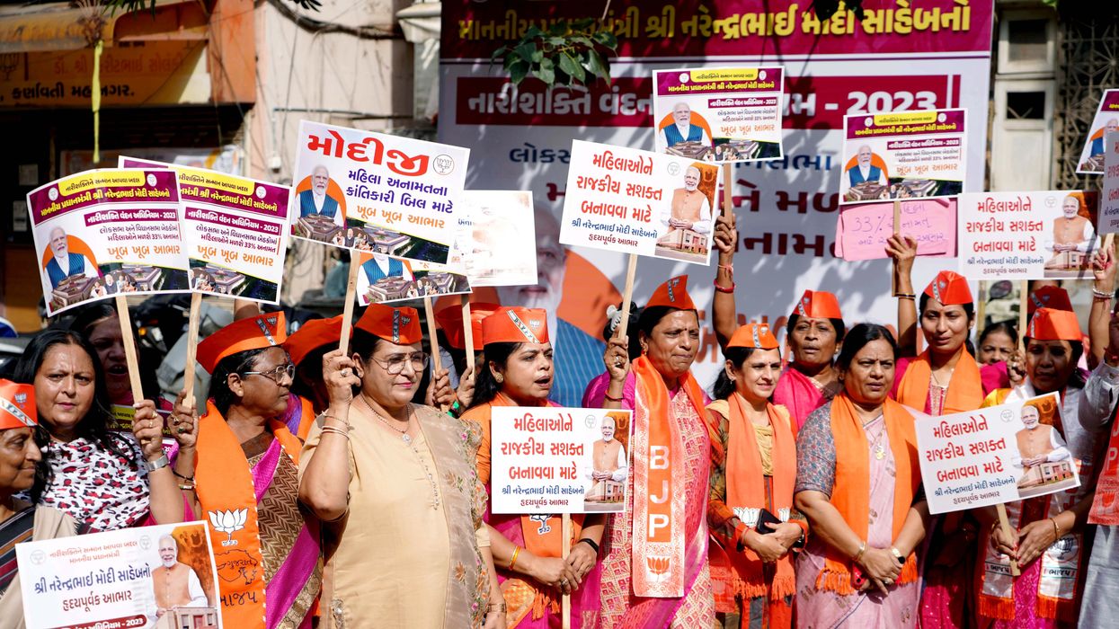 BJP Mahila Morcha workers celebrate the introduction of Women's Reservation Bill in the Special Session of the Parliament in Ahmedabad on Thursday.