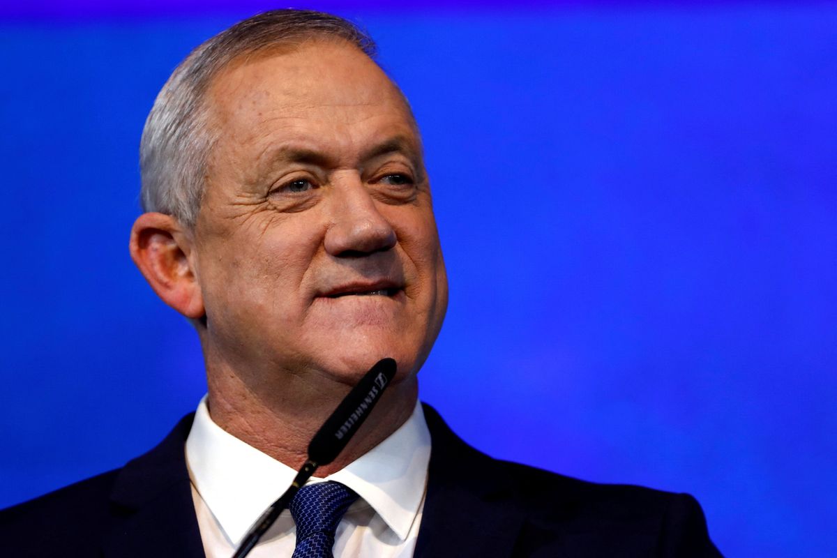 Blue and White party leader Benny Gantz speaks to supporters following the announcement of exit polls in Israel's election at the party's headquarters in Tel Aviv, Israel March 3, 2020.