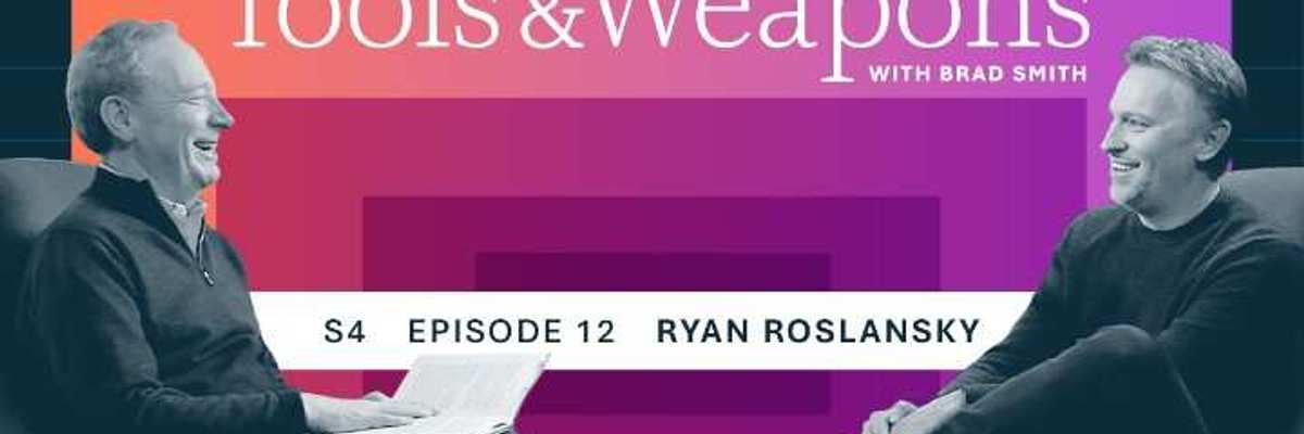 Brad Smith sitting with Ryan Roslansky and talking with a tools and weapons with Brad Smith logo in the background