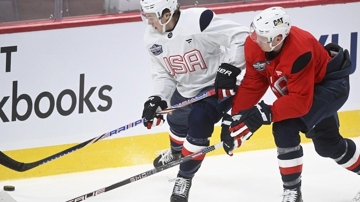 Brady Tkachuk, right, and Charlie McAvoy, left, during the training of Team USA in Montreal on Feb. 11, 2025. 