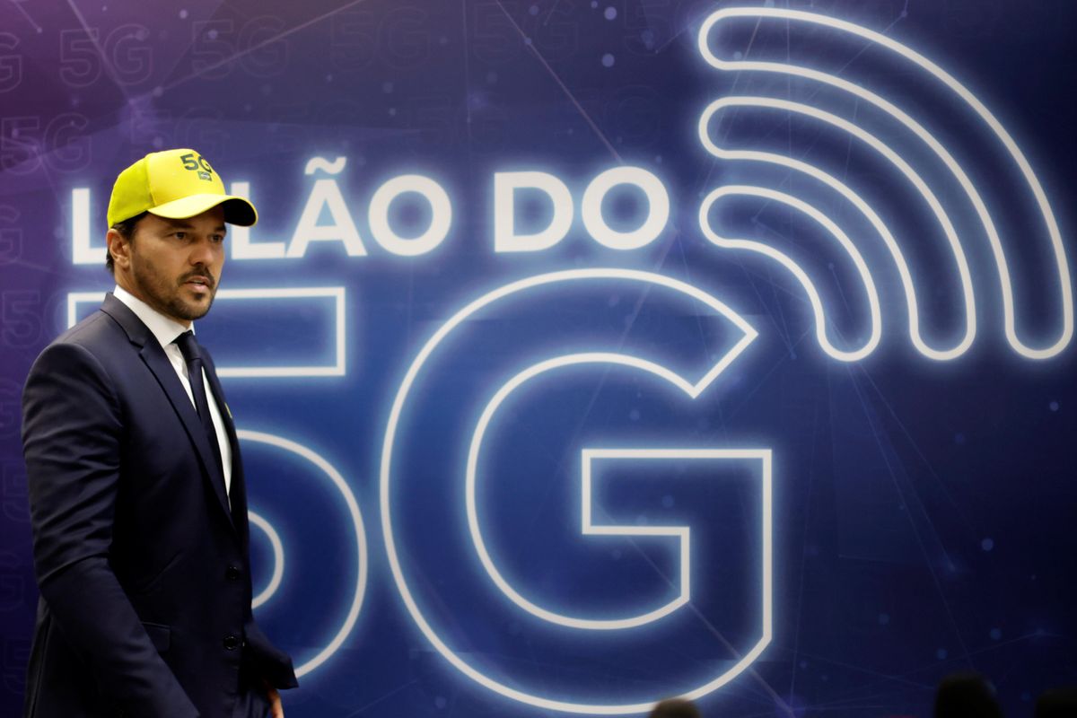 Brazil's Communications Minister Fabio Faria arrives at a news conference after the opening ceremony to 5G auction in Brasilia, Brazil, November 4, 2021.