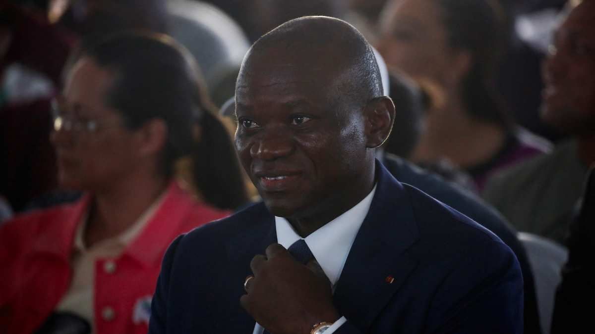 ​Brice Clotaire Oligui Nguema reacts during the announcement of provisional results of the 2025 Gabonese presidential election by the Ministry of the Interior, at the headquaters of the Rassemblement des Batisseurs (RdB), in Libreville, Gabon, April 13, 2025. 