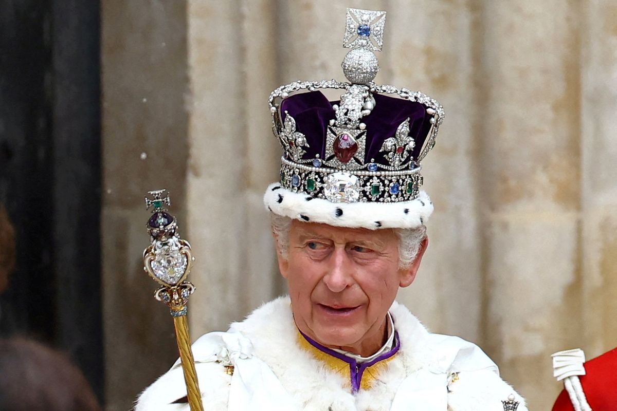 Britain's King Charles leaves Westminster Abbey following his coronation ceremony in London.