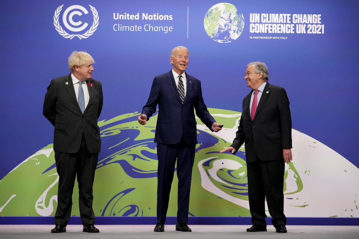 Britain's Prime Minister Boris Johnson and United Nations Secretary General Antonio Guterres greet U.S. President Joe Biden during arrivals at the UN Climate Change Conference (COP26) in Glasgow, Scotland, Britain November 1, 2021