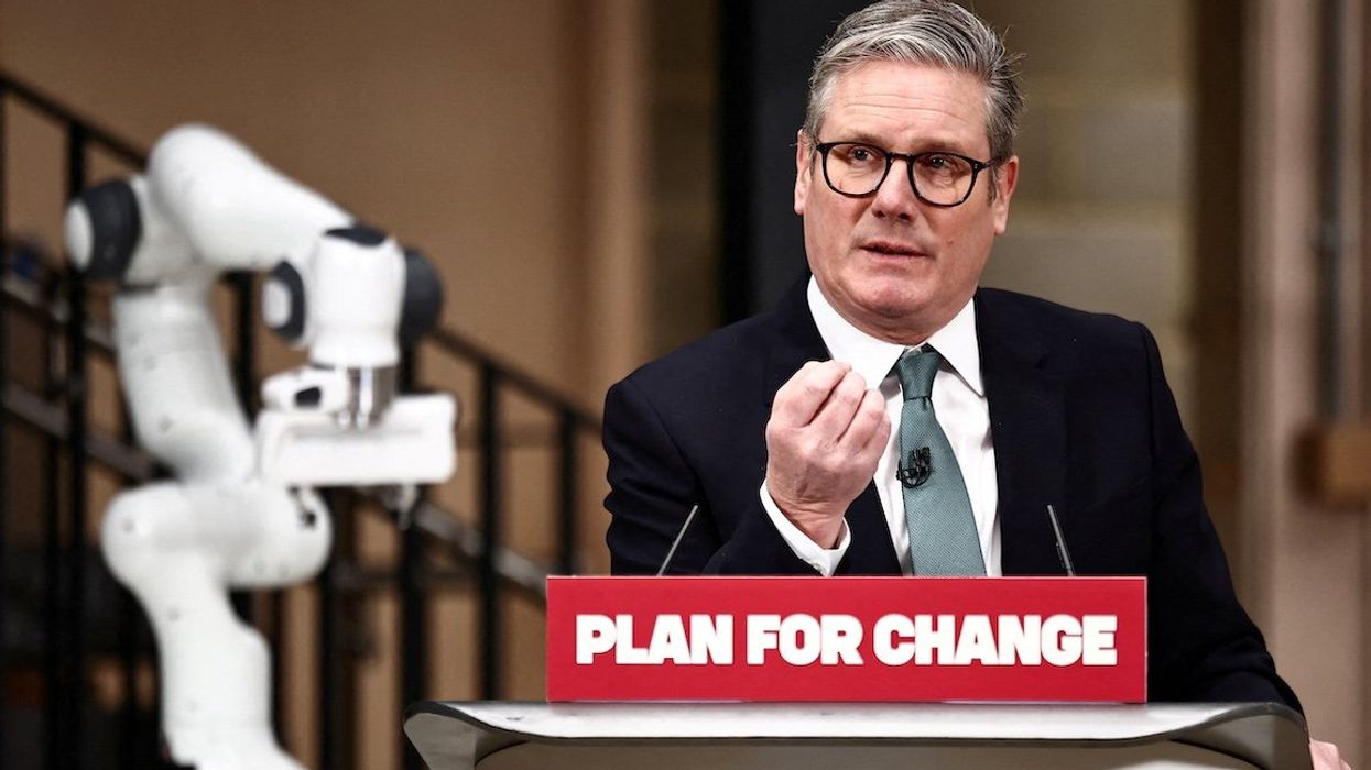 Britain's Prime Minister Keir Starmer delivers a speech during a visit to the Manufacturing Futures Lab at UCL in London, on Jan. 13, 2025, as he prepares to launch a plan to harness AI to spur growth and efficiency in the country.