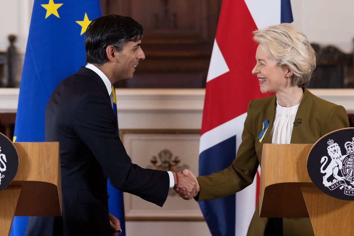 British PM Rishi Sunak and European Commission President Ursula von der Leyen shake hands at Windsor Guildhall, Britain, February 27, 2023.