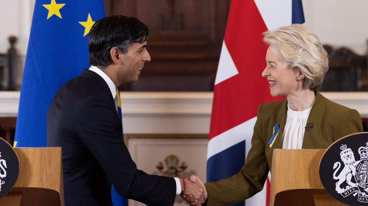 British PM Rishi Sunak and European Commission President Ursula von der Leyen shake hands at Windsor Guildhall, Britain, February 27, 2023.