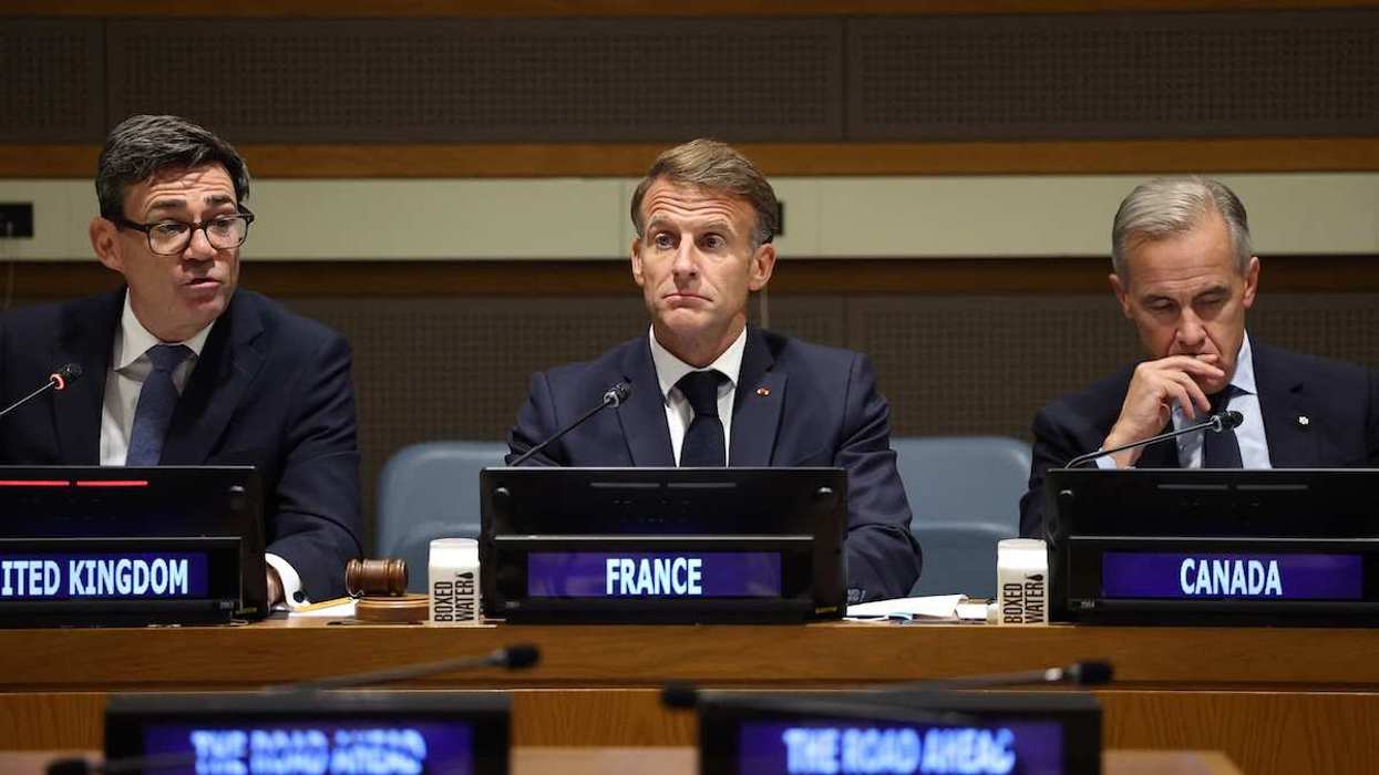 British Prime Minister Andy Burnham attends the Middle East peace event "The Road Ahead: One Year After the New York Declaration and the Comprehensive 20-point Peace Plan" with French President Emmanuel Macron and Canadian Prime Minister Mark Carney.