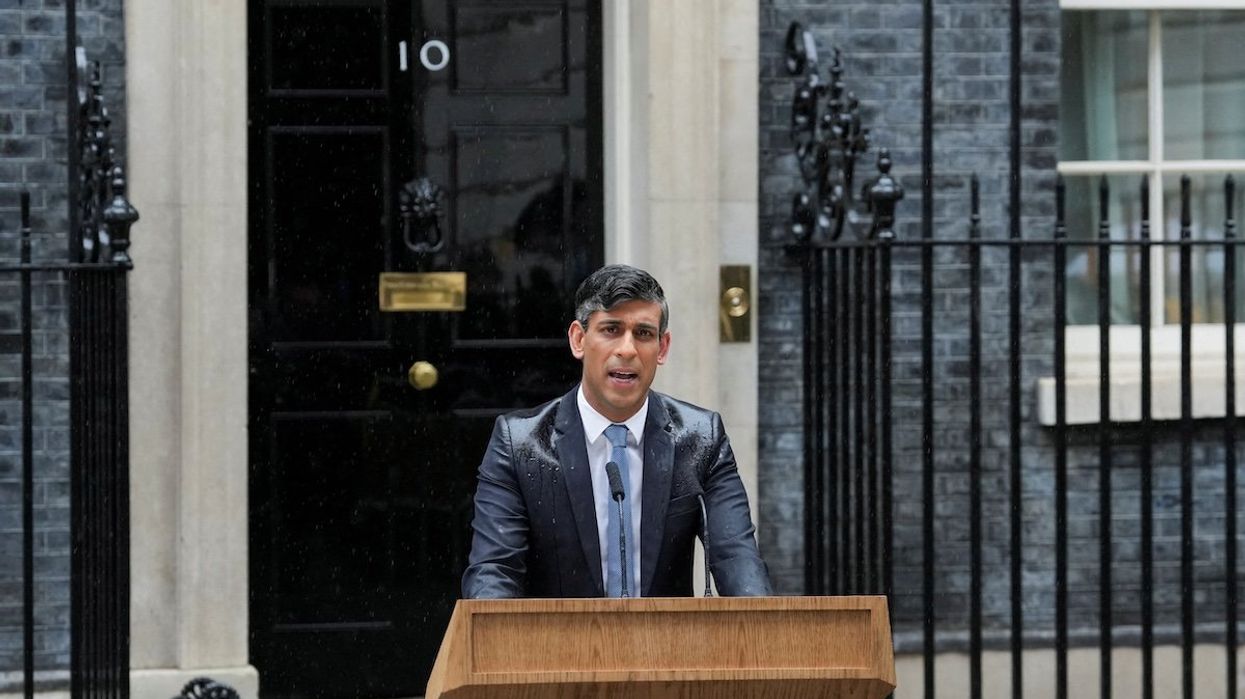 British Prime Minister Rishi Sunak delivers a speech calling for a general election outside No. 10 Downing Street, in London, Britain, on May 22, 2024.