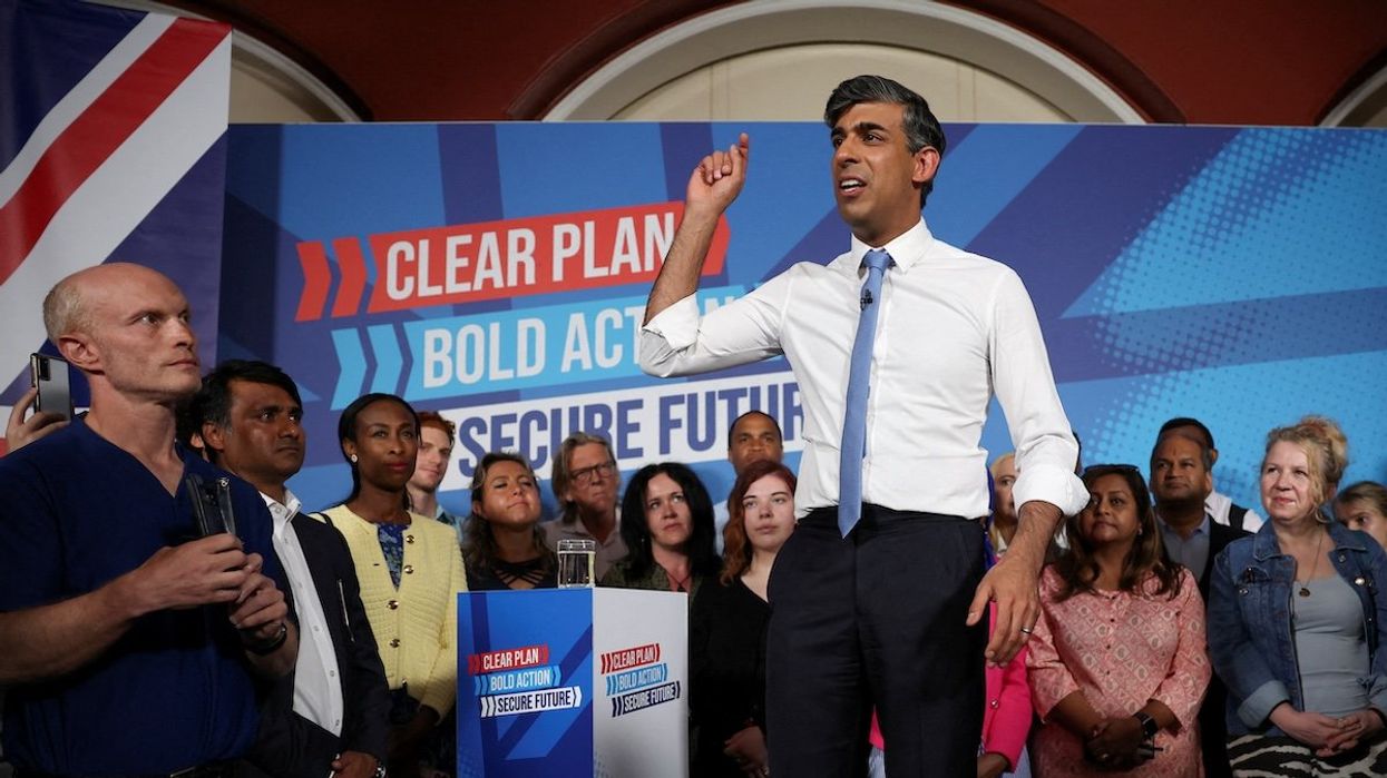 British Prime Minister Rishi Sunak speaks during a Conservative general election campaign event, in London, on June 24, 2024.
