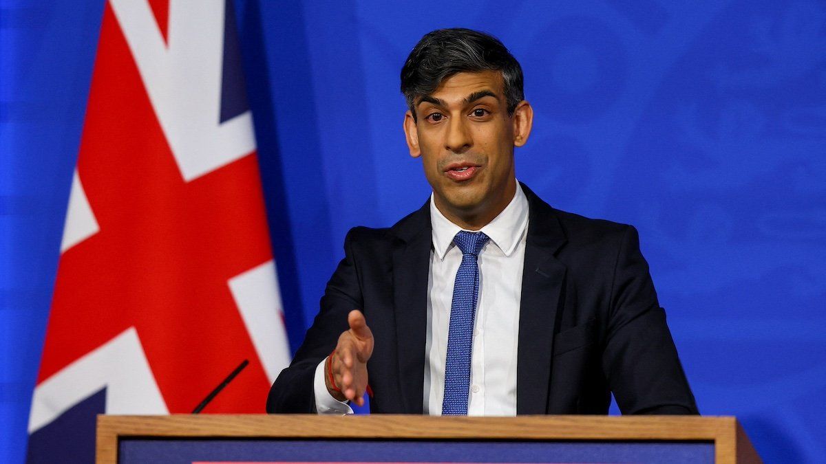 ​British Prime Minister Rishi Sunak speaks during a press conference at Downing Street in London, Britain, April 22, 2024. 