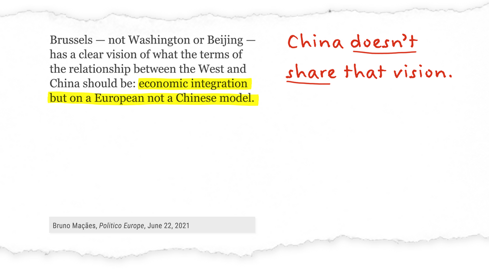 "Brussels...has a clear vision of what the terms of the relationship between the West and China should be: economic integration but on a European not a Chinese model."