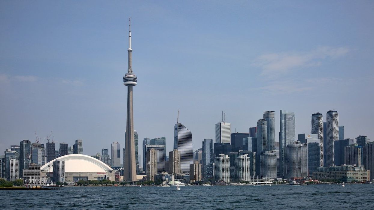Buildings seen from Lake Ontario along the skyline of the city of Toronto, Ontario, Canada, on July 01, 2023.