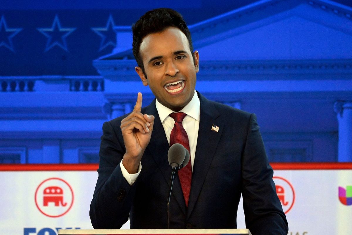 Businessman Vivek Ramaswamy speaks during the Republican presidential primary debate at the Ronald Reagan Presidential Library and Museum.​
