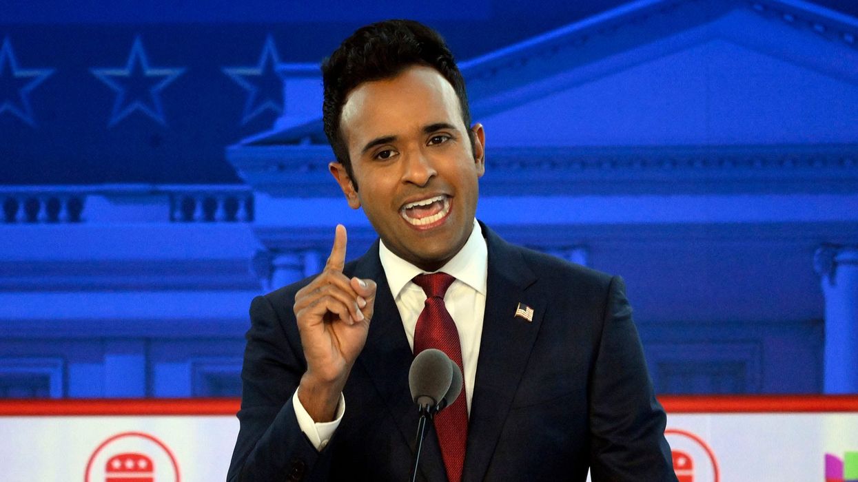 Businessman Vivek Ramaswamy speaks during the Republican presidential primary debate at the Ronald Reagan Presidential Library and Museum.