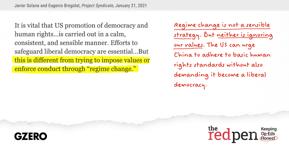 "But this is different from trying to impose values or enforce conduct through 'regime change.'" Regime change is not a sensible strategy. But neither is ignoring our values. 