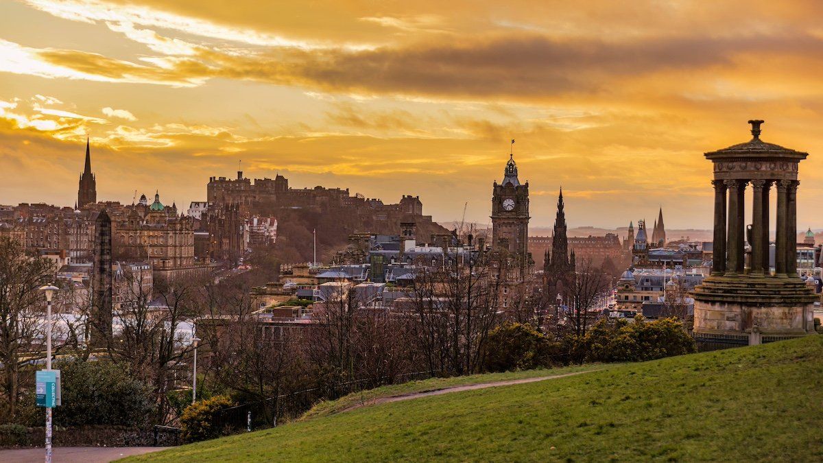 ​Calton Hill and Edinburgh city scenic view at sunset Beautiful view of Edinburgh at sunset Edinbourgh United Kingdom.