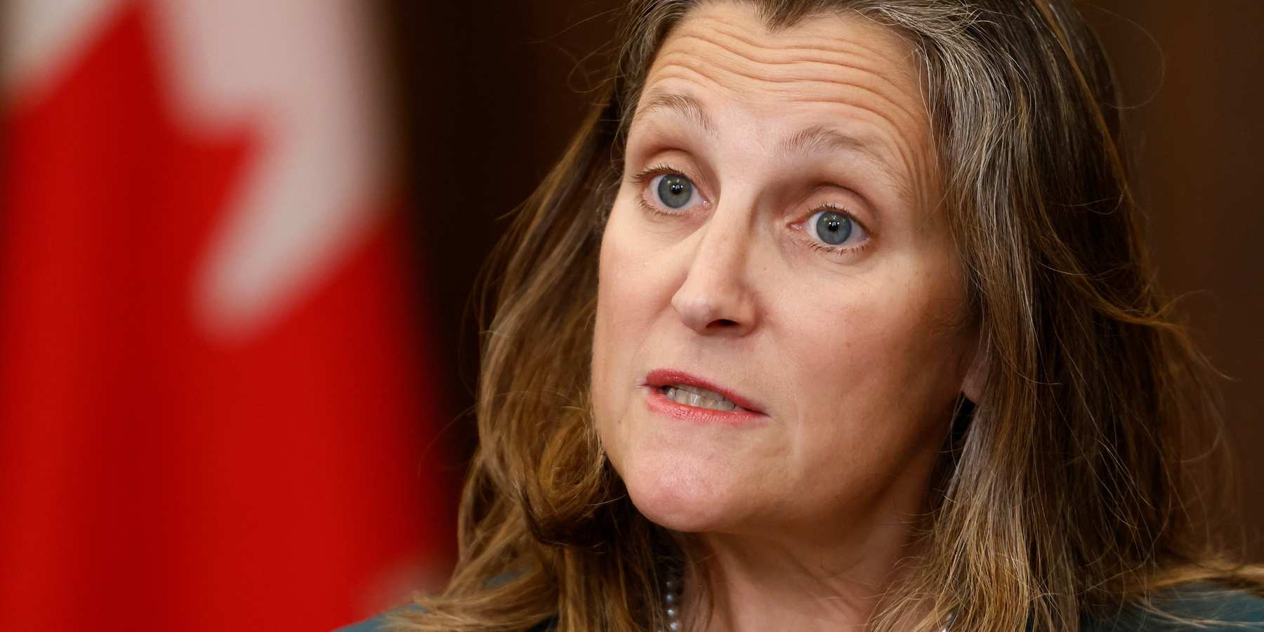 Canada's Deputy Prime Minister and Minister of Finance Chrystia Freeland speaks to journalists on Parliament Hill.