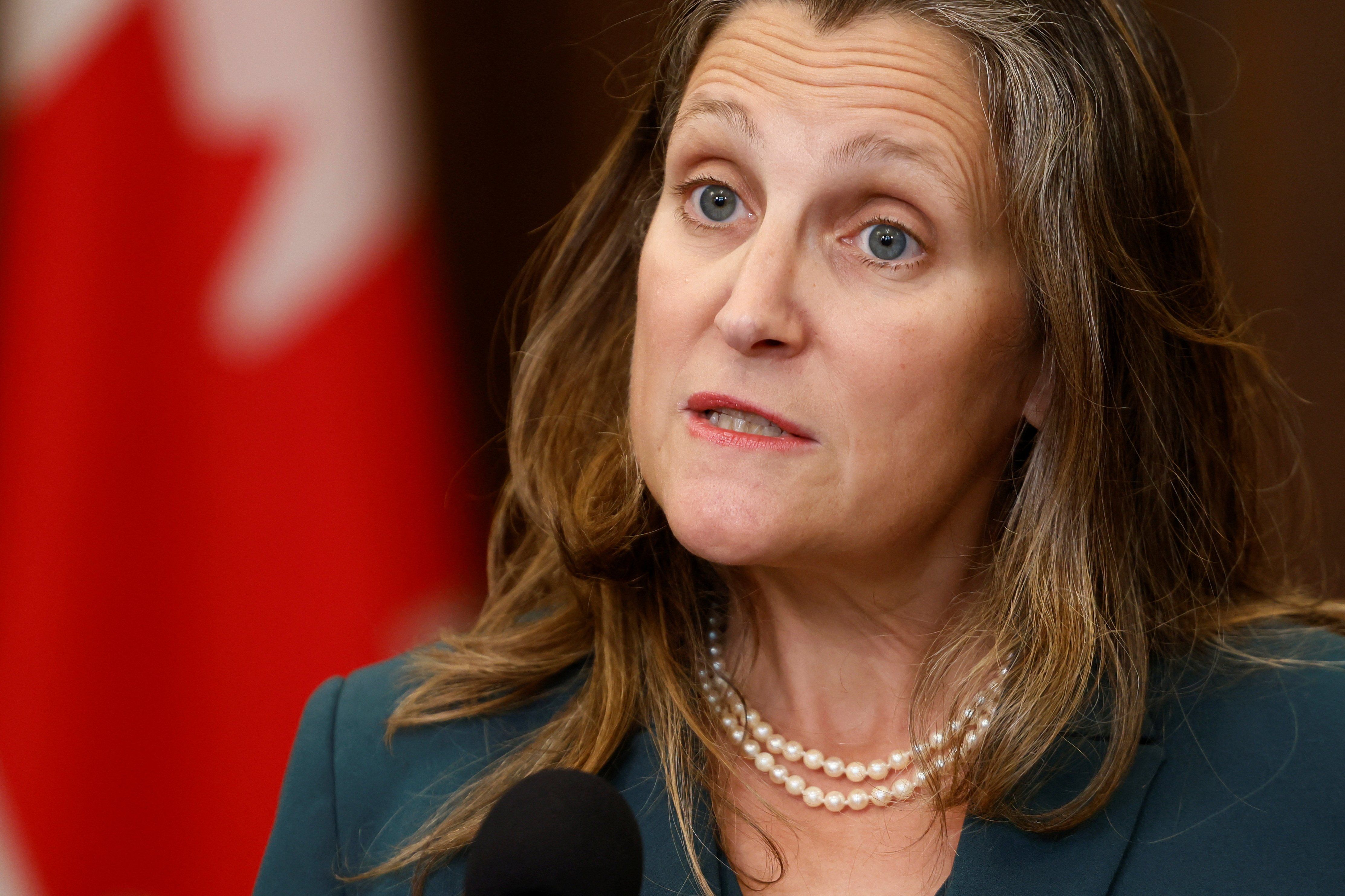 Canada's Deputy Prime Minister and Minister of Finance Chrystia Freeland speaks to journalists on Parliament Hill.