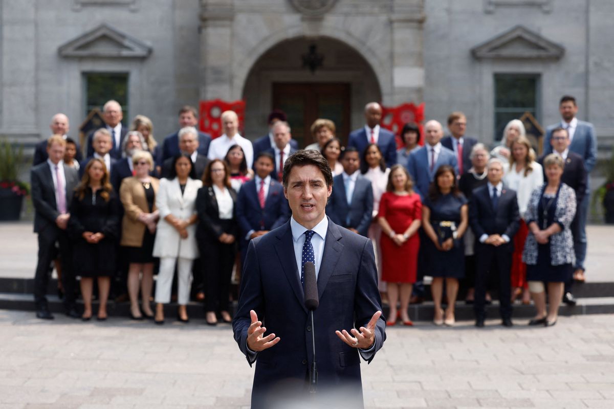 Canada's Prime Minister Justin Trudeau speaks to the media following a cabinet shuffle at Rideau Hall in Ottawa.