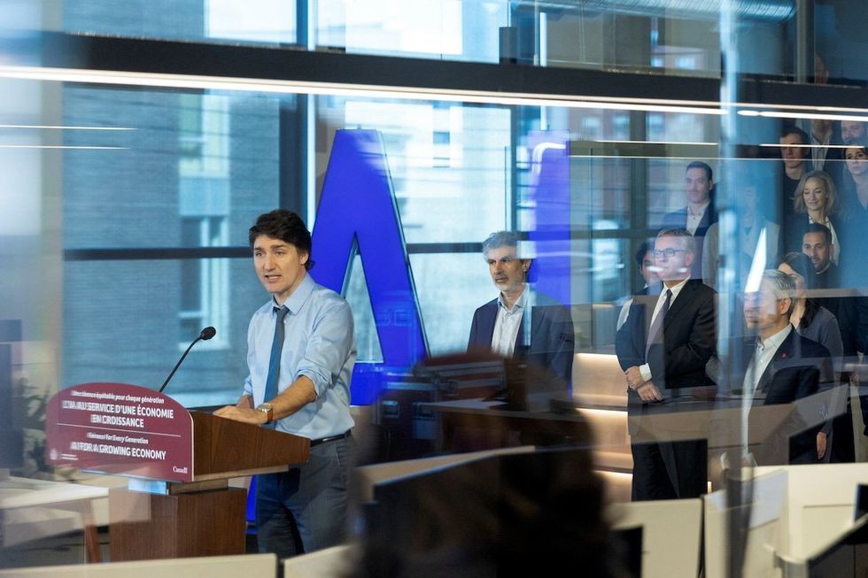 ​Canada’s Prime Minister Justin Trudeau visits the offices of artificial intelligence tech company ScaleAI in Montreal, Quebec, Canada, on April 7, 2024. 