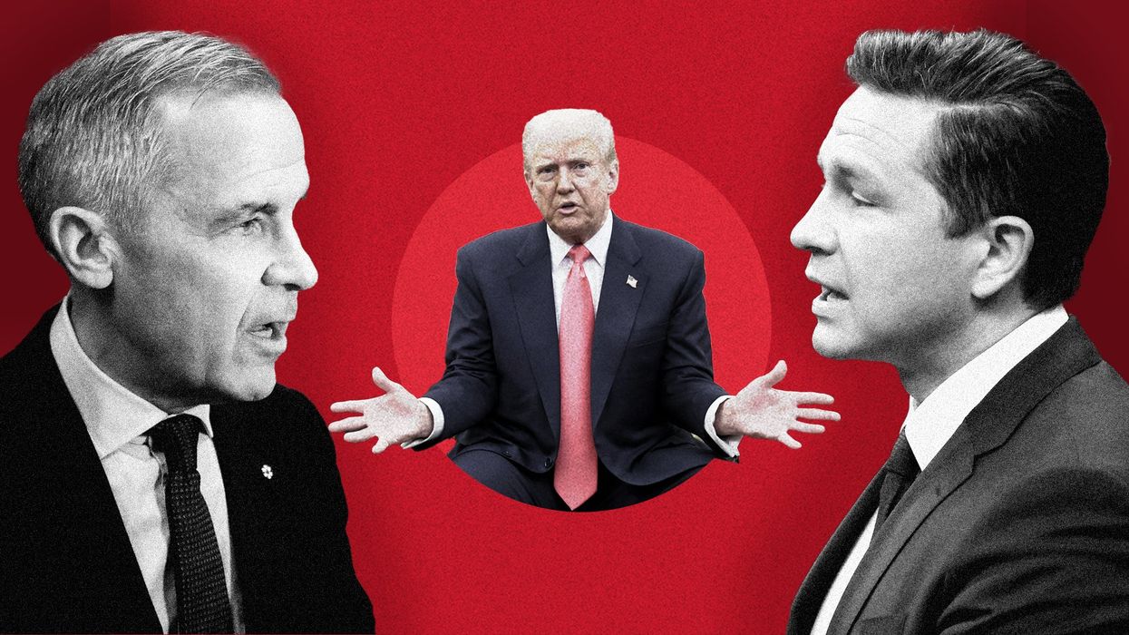 Canadian Liberal Party leader Mark Carney faces Conservative leader Pierre Poilievre in this composite, with Donald Trump hovering in the background.