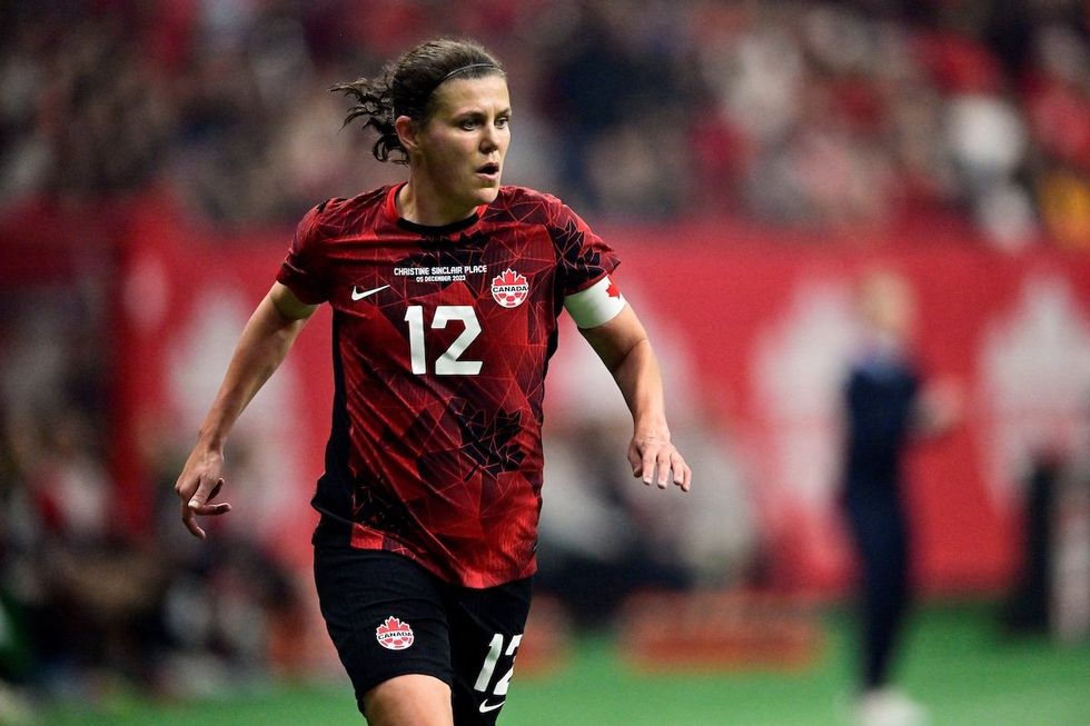 ​Captain Christine Sinclair plays her final international game as she retires from Canada's national women's soccer team after a friendly match against Australia in Vancouver, British Columbia, on Dec. 5, 2023. 