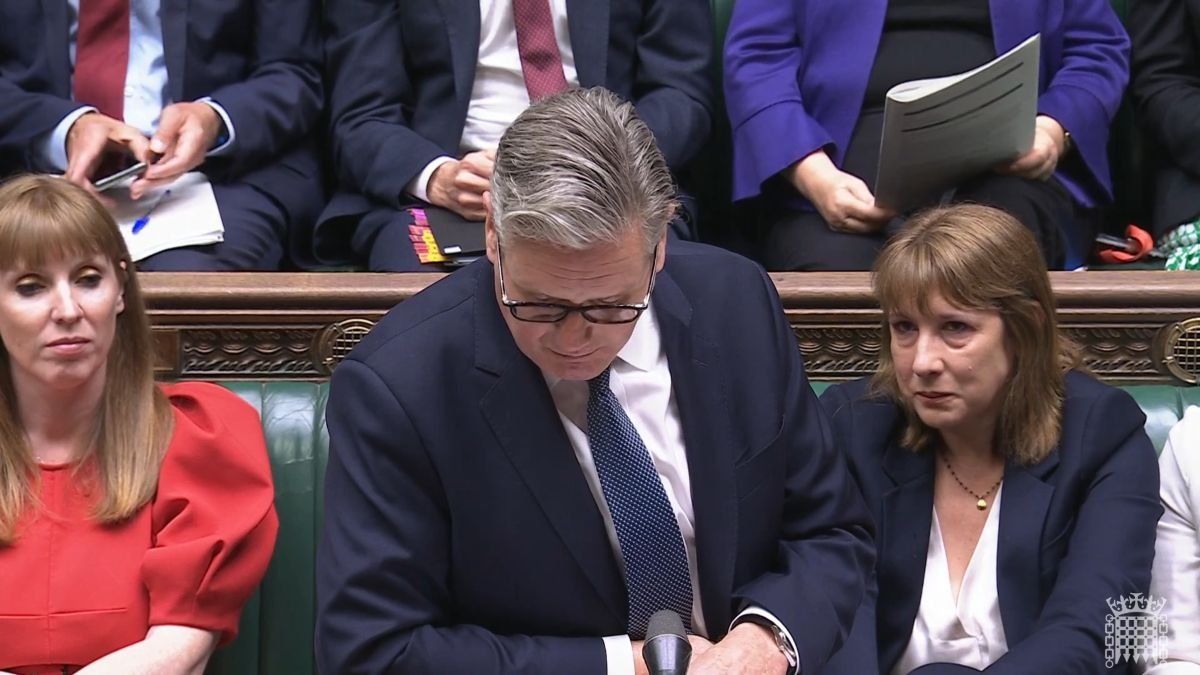 ​Chancellor of the Exchequer Rachel Reeves (right) crying as Prime Minister Sir Keir Starmer speaks in the House of Commons, London, United Kingdom, on July 2, 2025.