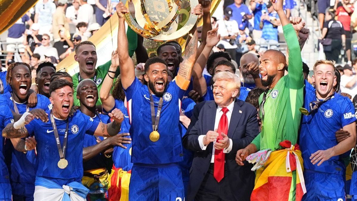 ​Chelsea players celebrate next to US President Donald Trump after winning the Club World Cup final in East Rutherford, New Jersey, on July 13, 2025.