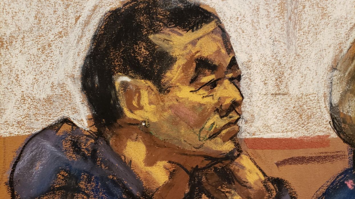 Chen Jinping sits with attorney Susan Kellan after two New York residents were arrested for allegedly operating a Chinese "secret police station" in Manhattan's Chinatown, part of a crackdown on Beijing's alleged targeting of U.S.-based dissidents, during a hearing at a Brooklyn courthouse in New York, U.S., April 17, 2023 in this courtroom sketch.