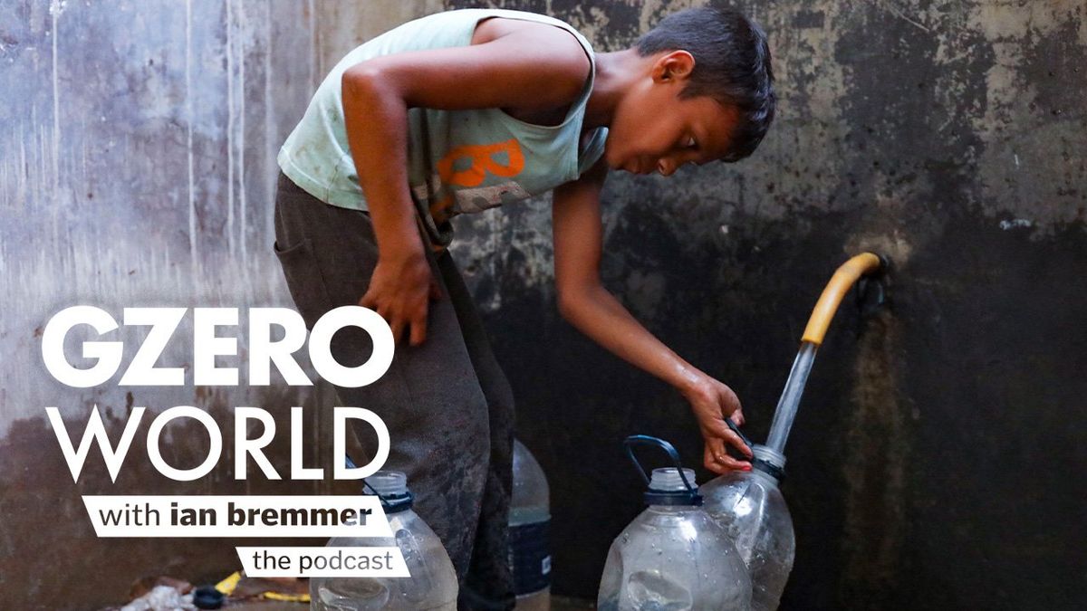 Child filling water containers - GZERO World with Ian Bremmer: the podcast (logo)