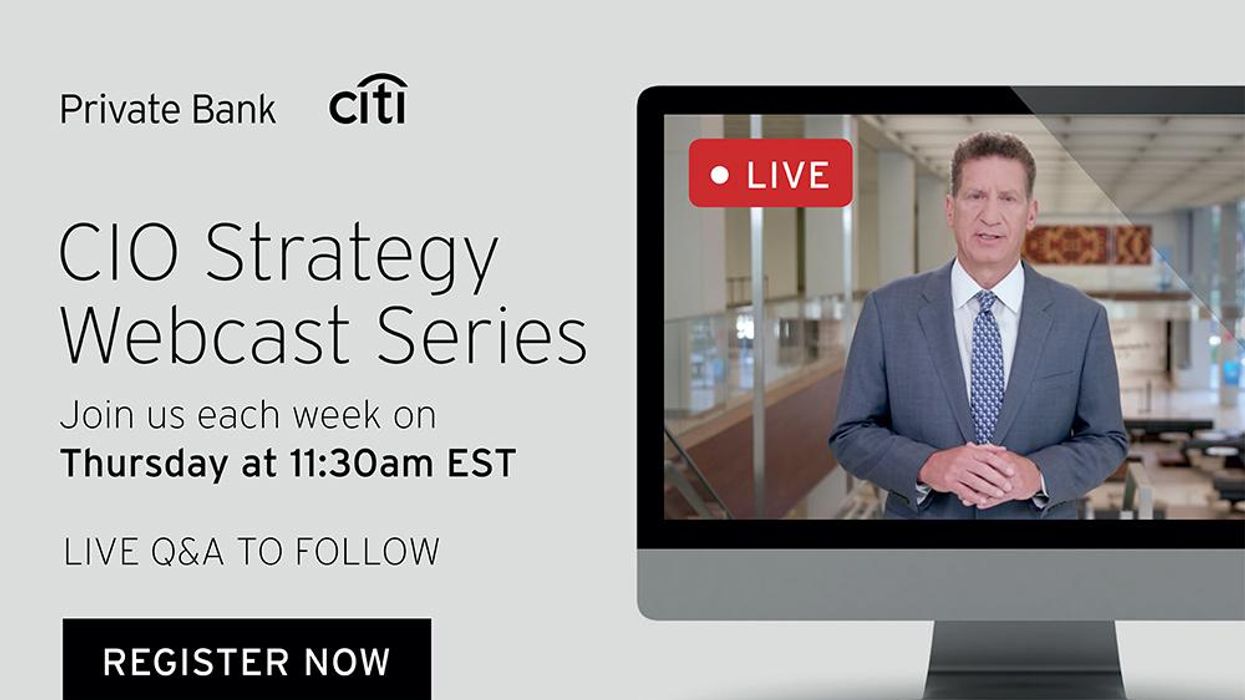 CIO Strategy Webcast Series: Computer screen showing an image of a man wearing a suit with language promoting a webcast series