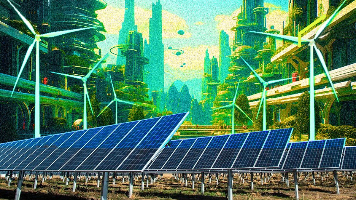 Clean energy sources amid a futuristic landscape. 