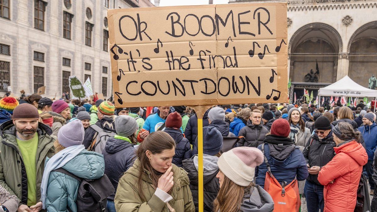 Climate strike of Fridays for Future together with the trade union Verdi, sign OK Boomer, Munich, Odeonsplatz, 3 March 2023