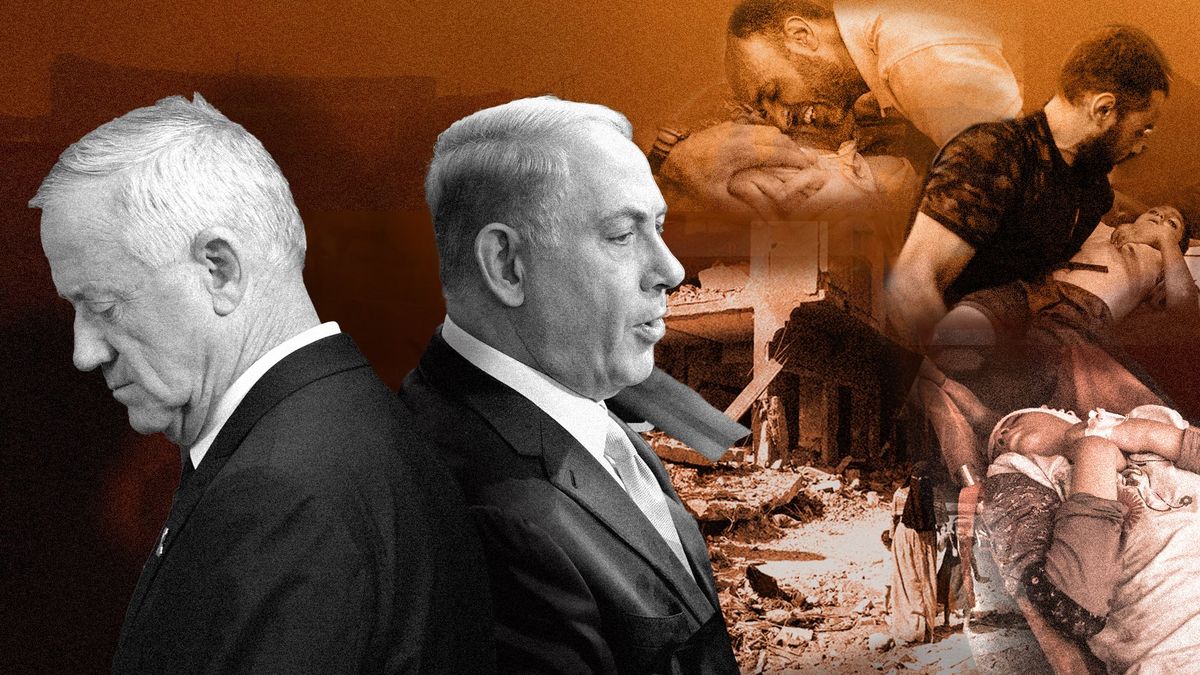 Collage: Benny Gantz, Benjamin Netanyahu, images of suffering in Gaza
