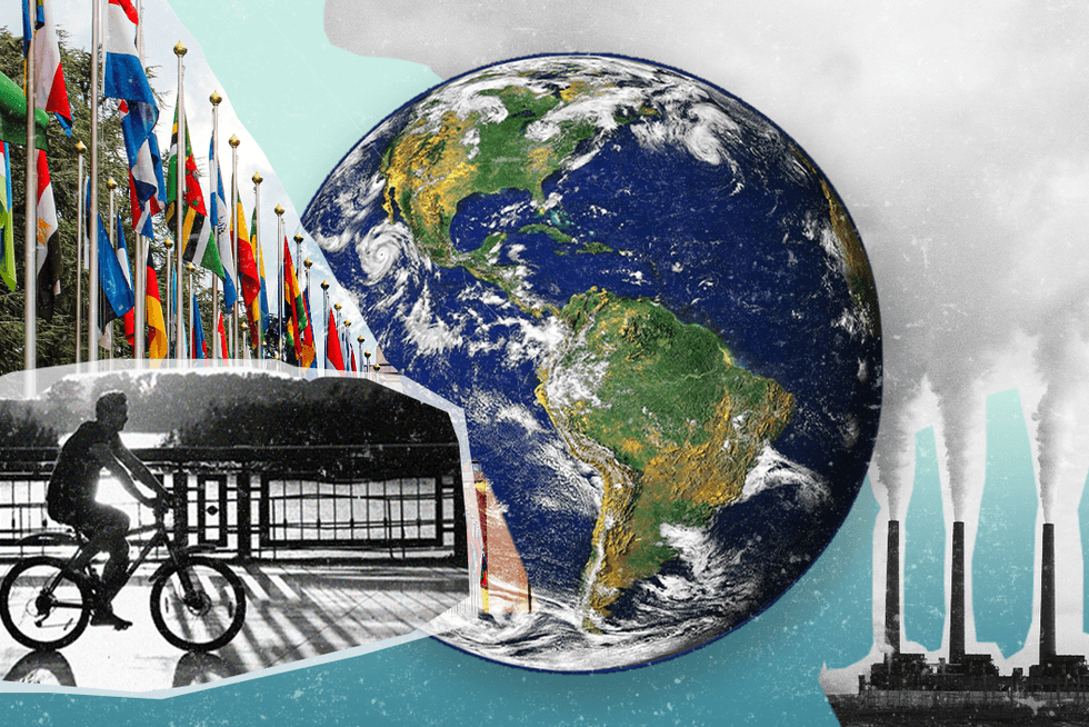 collage image pictured: man biking outdoors by water and mountain, a row of flags, a globe, a ship with steam