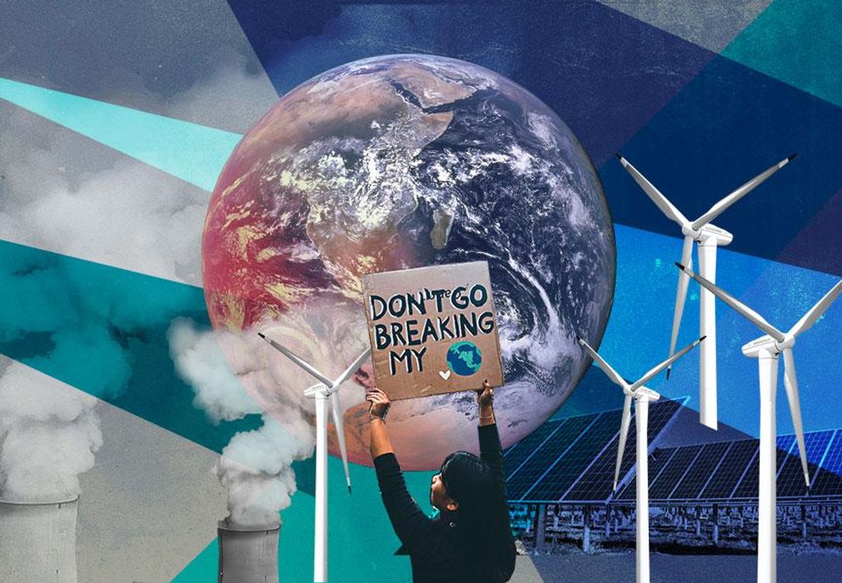 Collage of Earth, a climate protester, stovepipes spewing fumes, and wind turbines