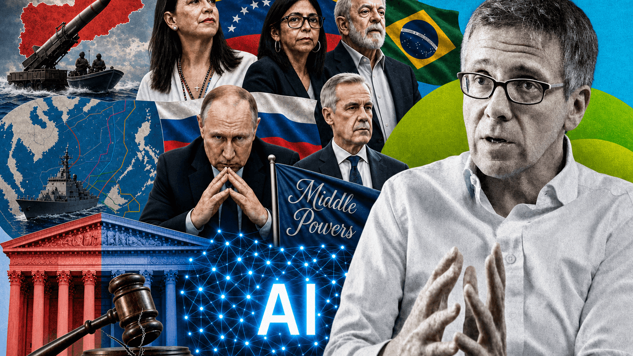 Collage of Houthis and Yemen, Venezuela's Machado and Delcy, Brazil's Lula, South China Sea, Putin and Russian flag, Mark Canrey and Middle Powers banner, Supreme Court, AI, Ian Bremmer