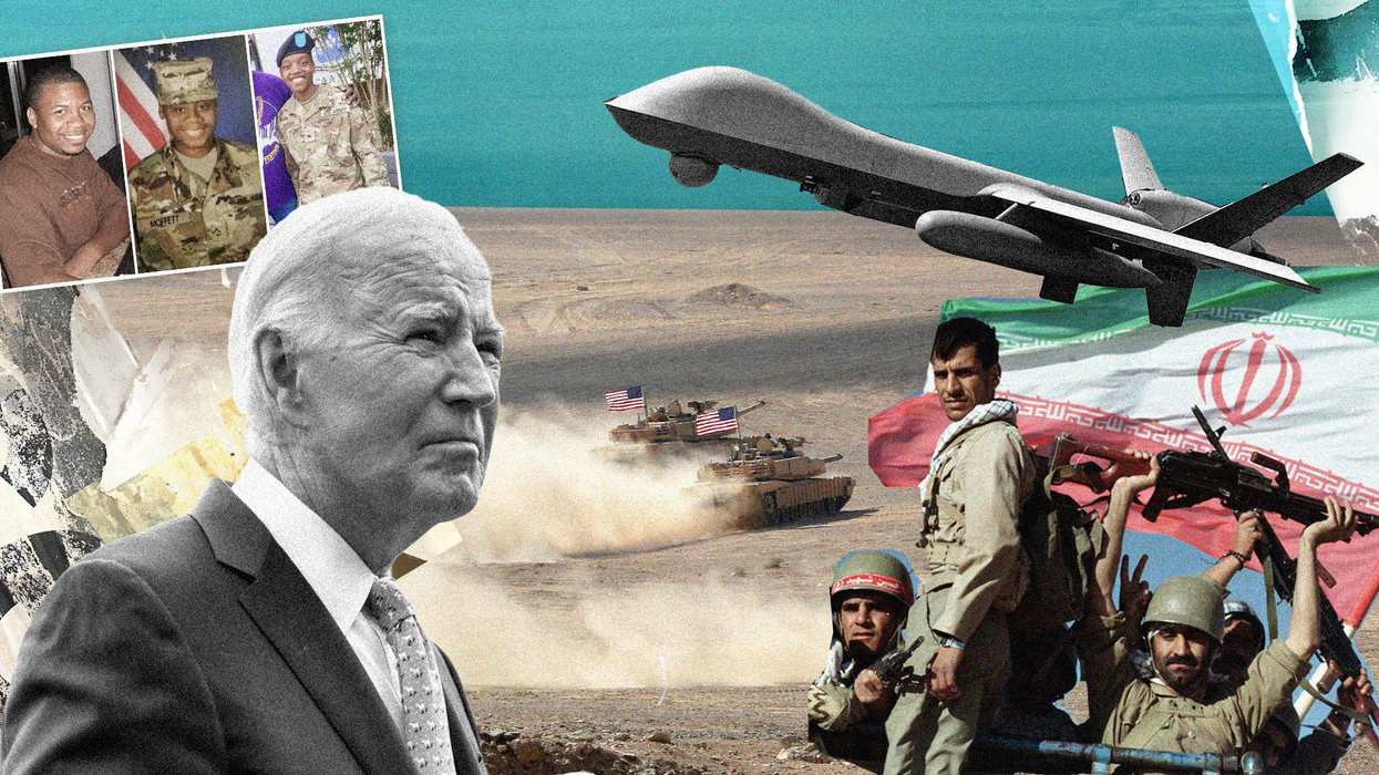 Collage of Joe Biden, Iran backed soldiers, and an American tank.