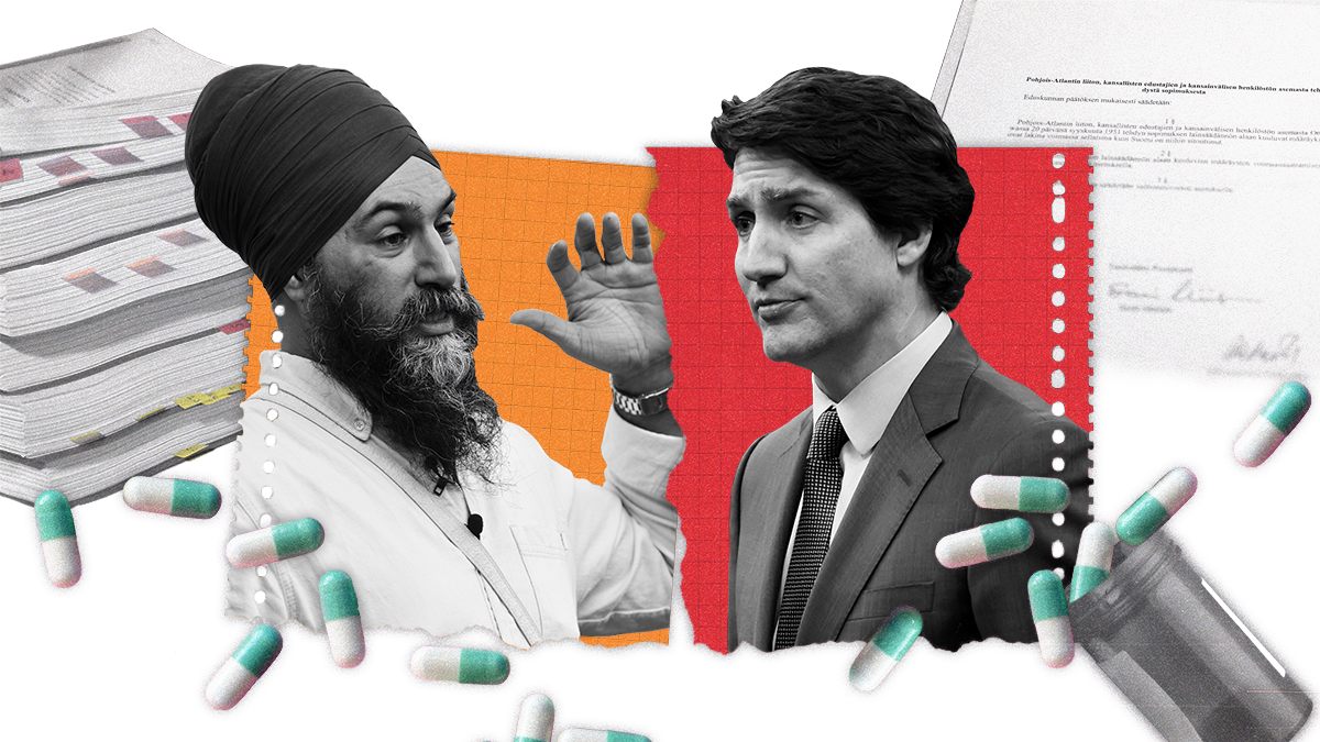 Collage of Singh, Trudeau, and prescription pills