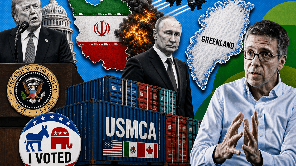 Collage of Trump, US Capitol, Iran flag map, jets and explosions, Putin, Greeland map, I voted sticker, USMCA and US Canada Mexico flags, shippinc containers, Ian Bremmer
