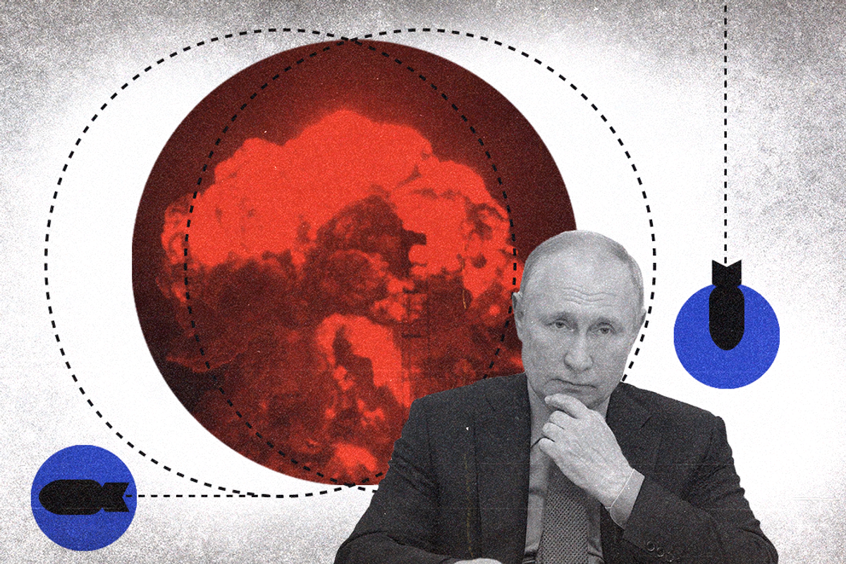 Collage of Vladimir Putin surrounded by a mushroom cloud and images of nuclear warheads.